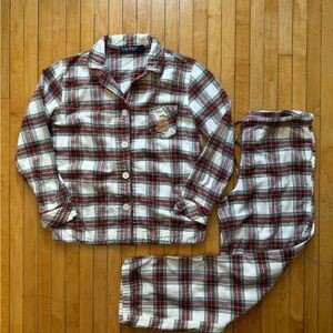 Lauren Ralph Lauren Womens Flannel Christmas Pajama Plaid Set 2Pc Gold Logo Sz.S